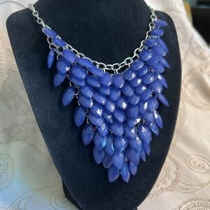 Statement Blue Bib Necklace Silver Tone 19 In Adjustable